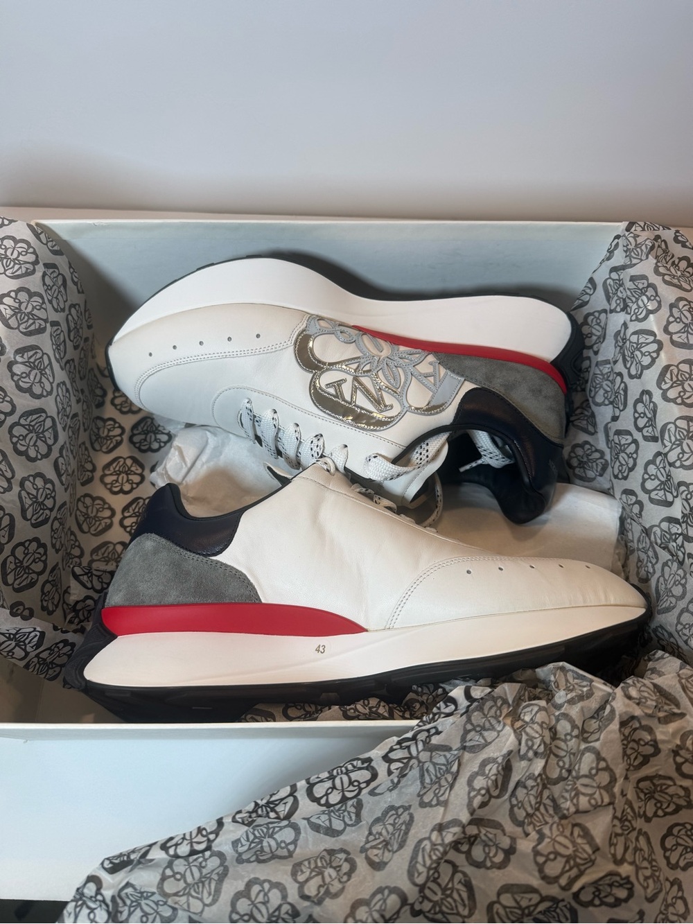Alexander McQueen White Leather Sneakers with Red Accent and Gray Suede